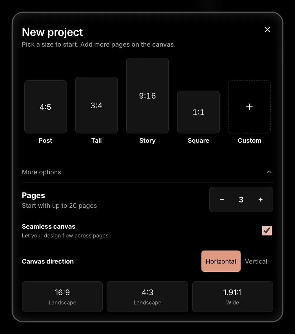 Seamly's New project window with the 4:5 Post size, 3 pages and Seamless canvas switched on