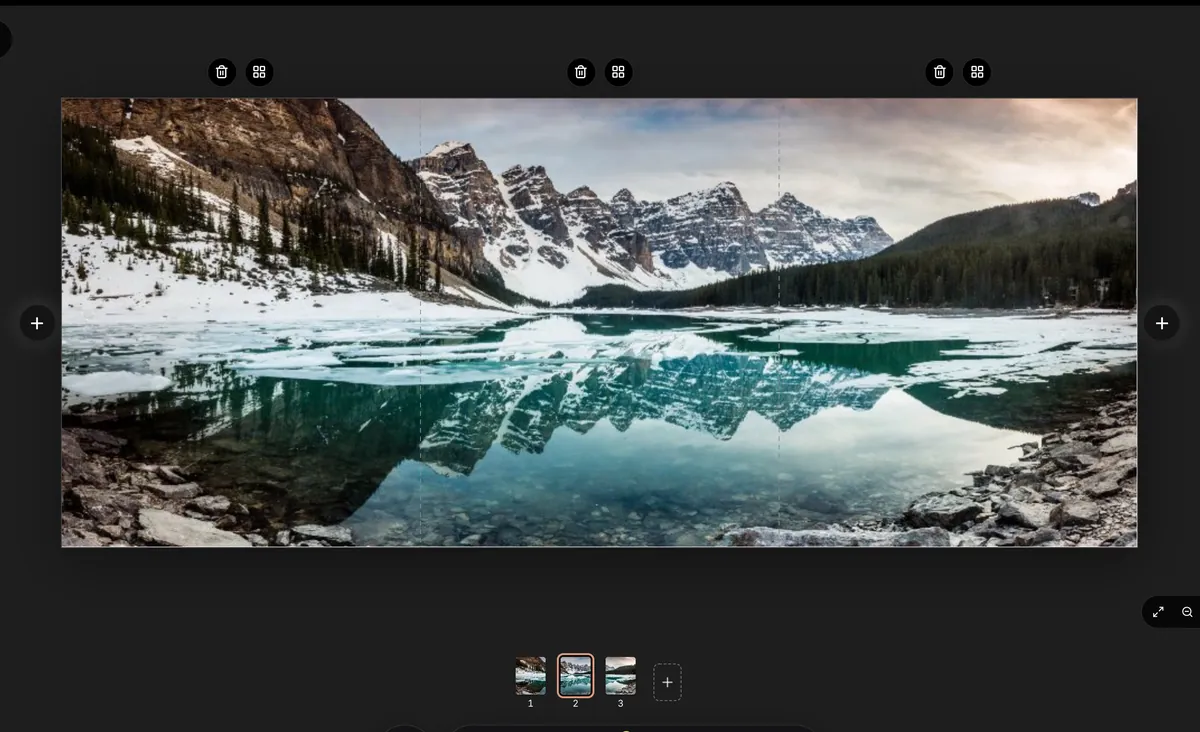 A mountain lake photo stretched across three 4:5 slides in the Seamly editor, with dashed lines where the slides meet