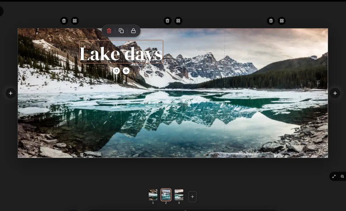 The words Lake days placed across the line between slide 1 and slide 2 in the Seamly editor