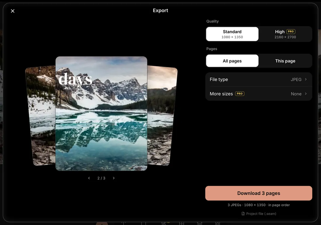 Seamly's Export window set to all pages, ready to download three 1080 × 1350 JPEGs in page order