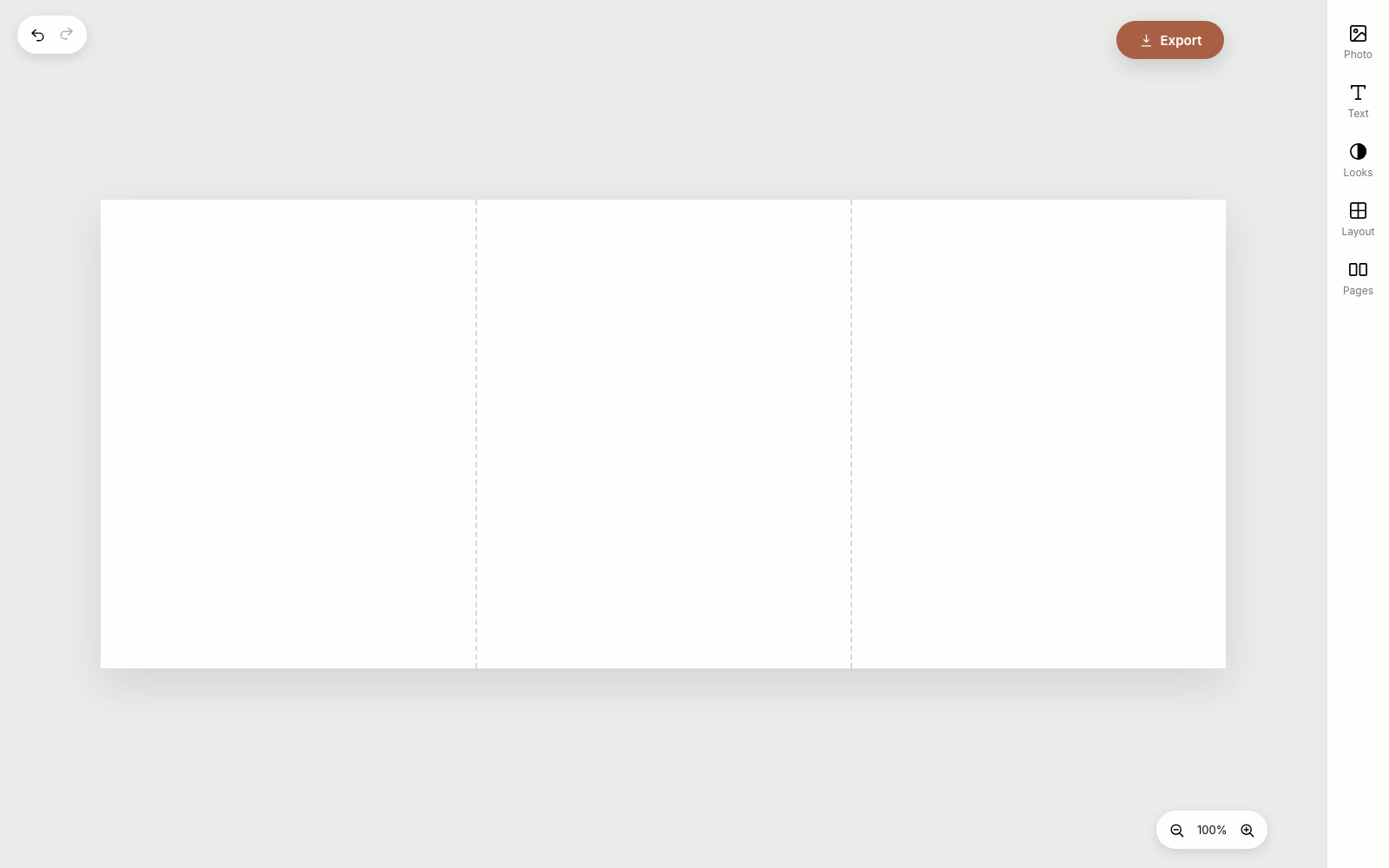 The Seamly editor: one wide photo dropped across three slides, prints and a headline laid over the cuts, a film look, then the slides exported and swiped on a phone