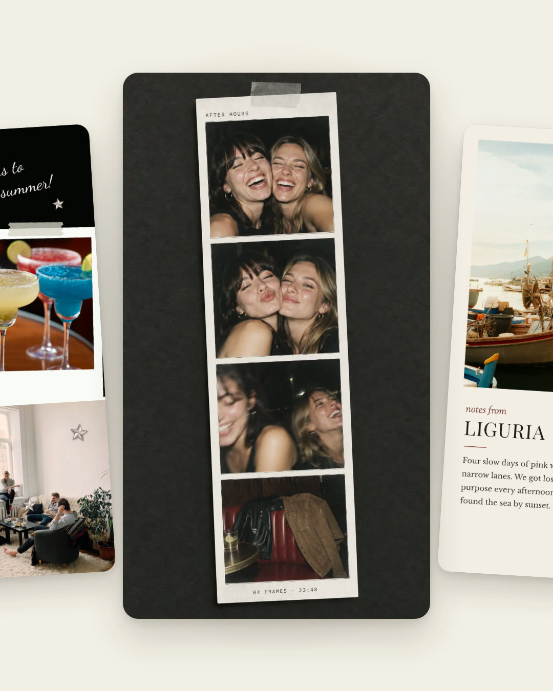 Seamly story collage templates passing one by one: a photo booth strip, a travel journal page, a fridge door, a nine-photo grid, a page of prints, a moodboard and a summer party