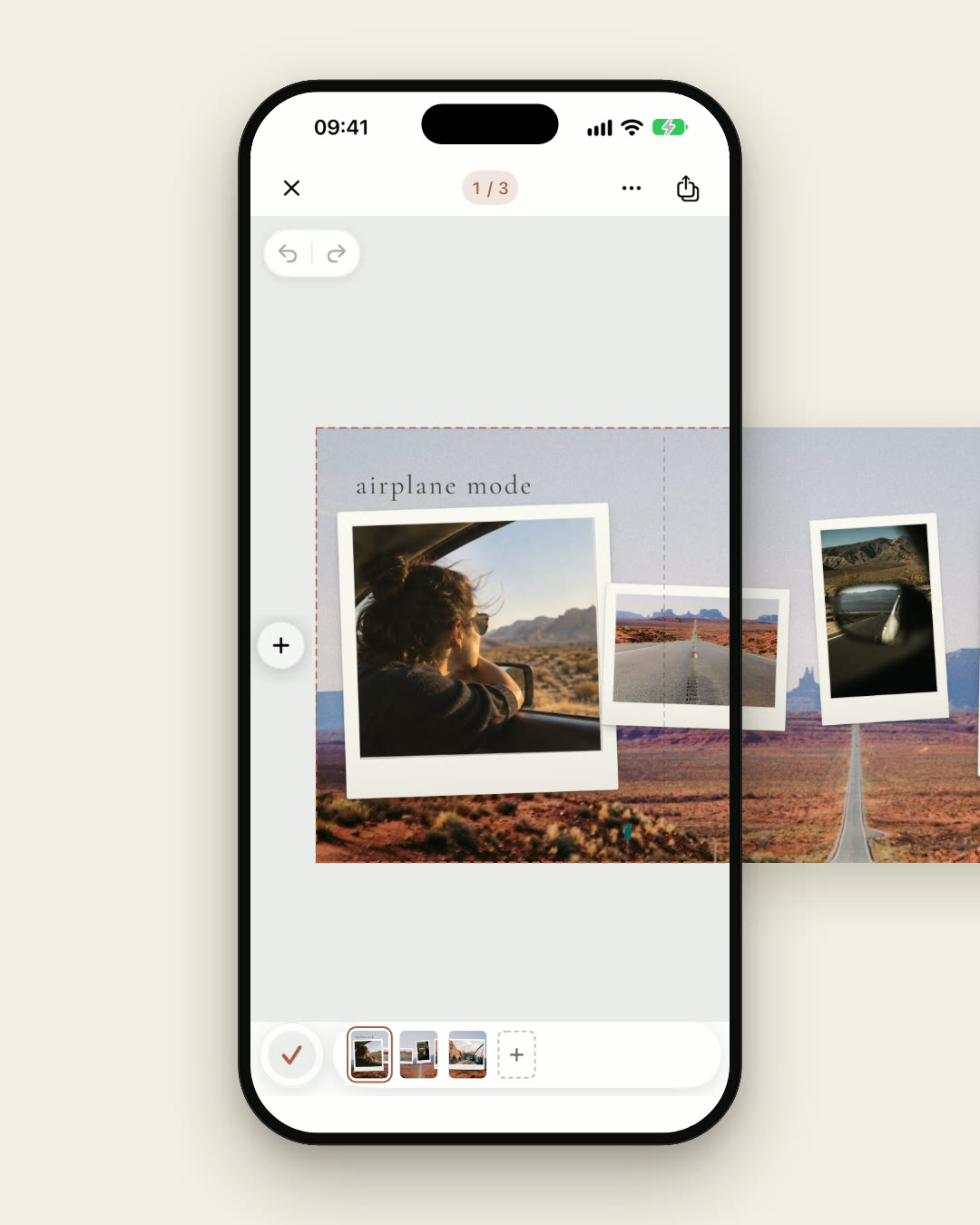 The Seamly iPhone app: a carousel swiping across its pages, export to Photos, a wall of templates, and opening one from Home