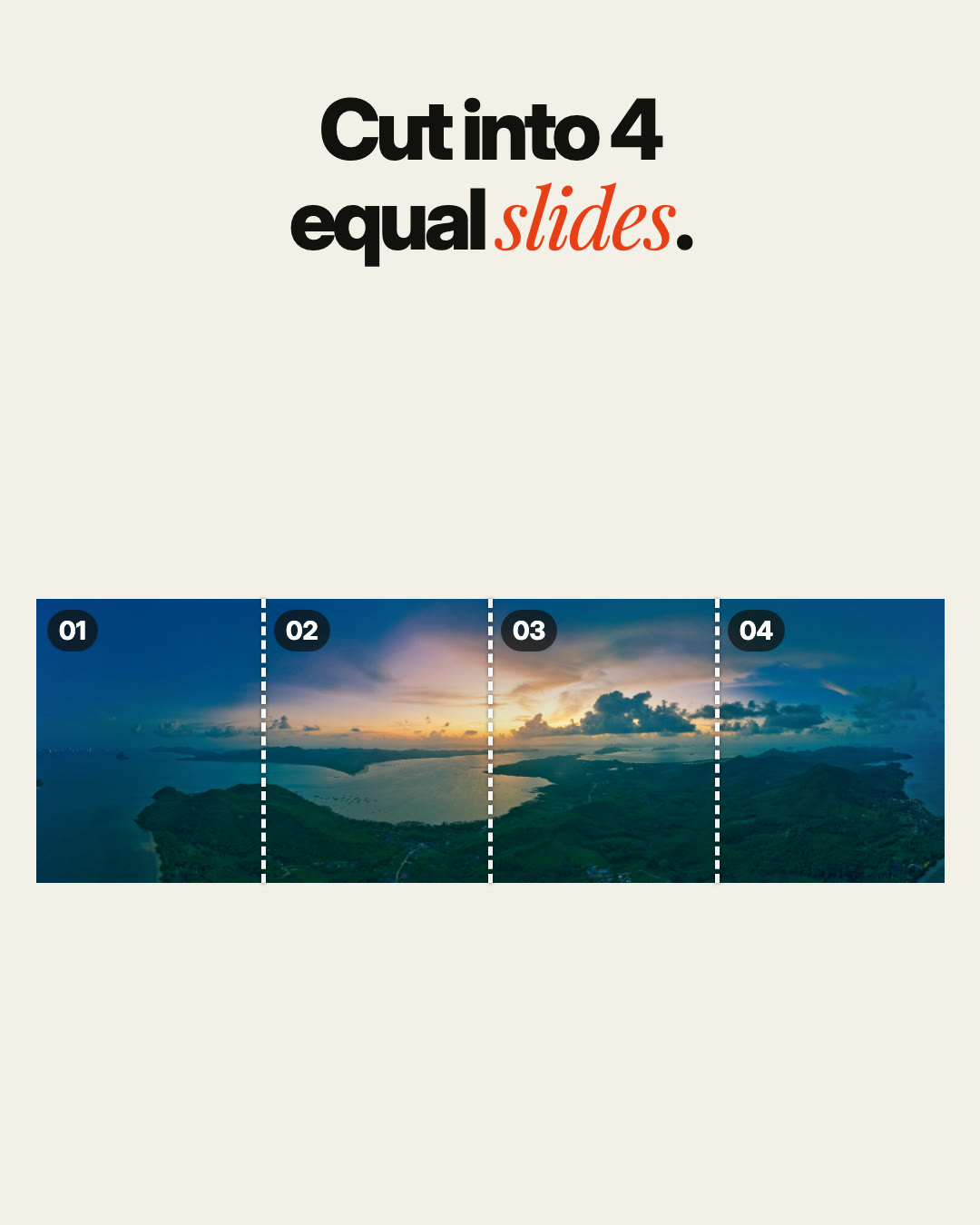 How a seamless carousel is made: one wide photo is cut into four numbered 4:5 slides, saved in posting order, then swiped on a phone as one carousel